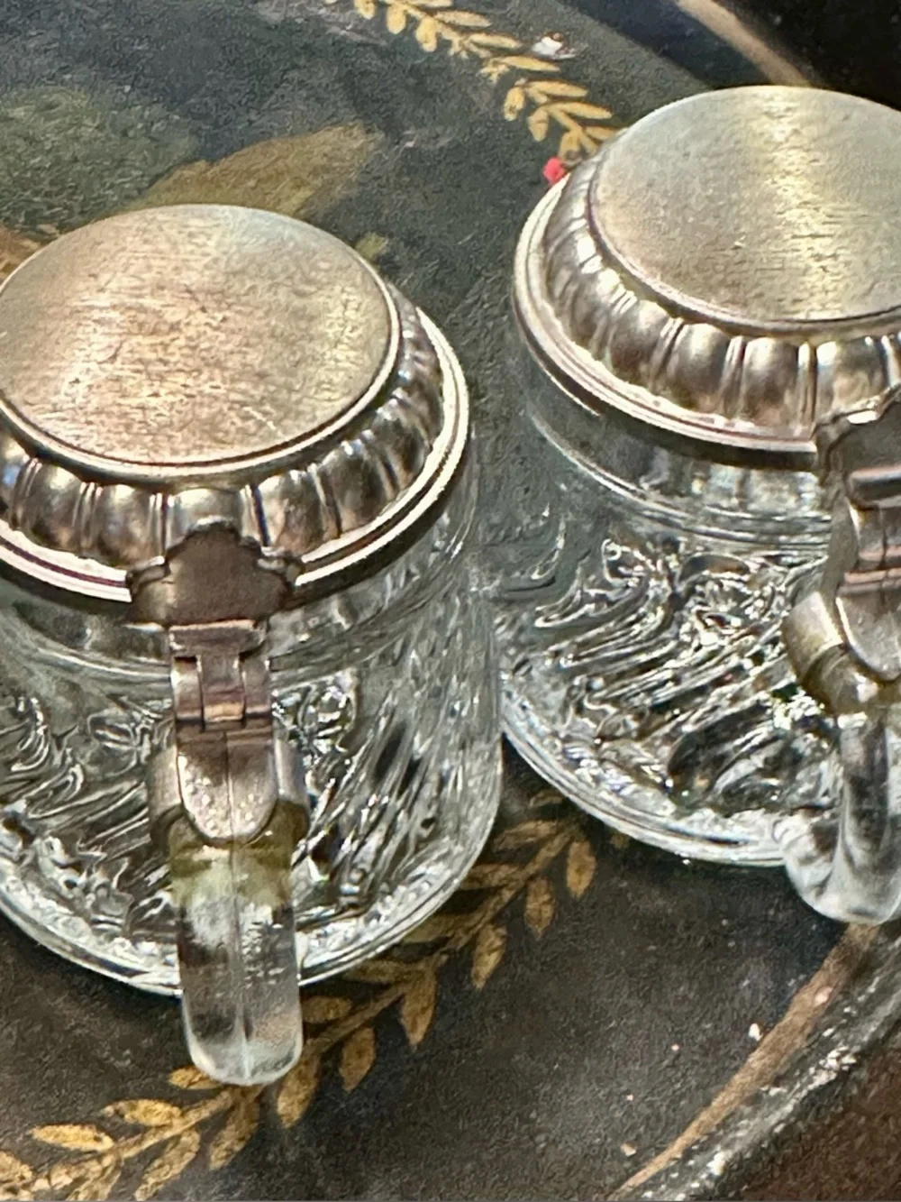 2 Vintage BMF Mini Glass Beer Steins W Germany Glass Pewter Lid Pair